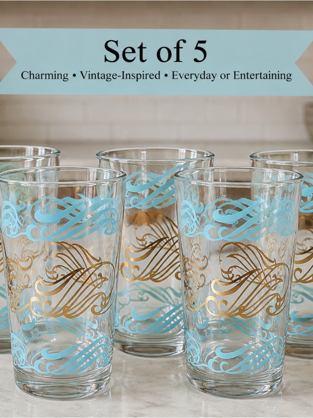 Vintage MCM Federal Glass Turquoise & Gold Wave Tumblers Set of 5 retro barware